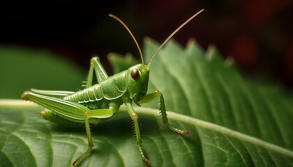 A macro shot of a tiny green grasshopper camouflaged on a leaf, highlighting its textured body and intricate details. The vibrant green hue blends seamlessly with the leaf