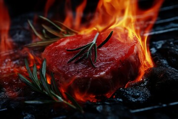 Juicy grilled steak with fresh rosemary on flaming bbq grill