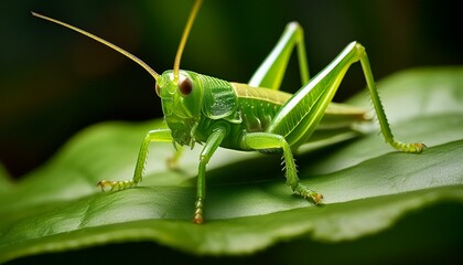 A macro shot of a tiny green grasshopper camouflaged on a leaf, highlighting its textured body and intricate details. The vibrant green hue blends seamlessly with the leaf