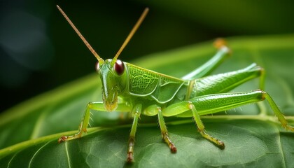 A macro shot of a tiny green grasshopper camouflaged on a leaf, highlighting its textured body and intricate details. The vibrant green hue blends seamlessly with the leaf