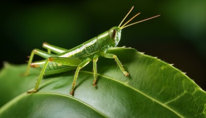 A macro shot of a tiny green grasshopper camouflaged on a leaf, highlighting its textured body and intricate details. The vibrant green hue blends seamlessly with the leaf