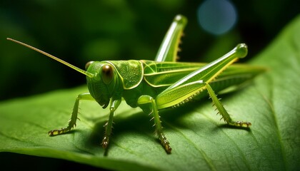 Fototapeta premium A macro shot of a tiny green grasshopper camouflaged on a leaf, highlighting its textured body and intricate details. The vibrant green hue blends seamlessly with the leaf