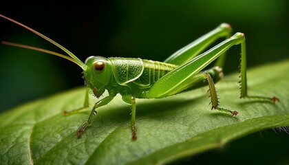 A macro shot of a tiny green grasshopper camouflaged on a leaf, highlighting its textured body and intricate details. The vibrant green hue blends seamlessly with the leaf