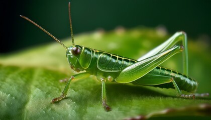 A macro shot of a tiny green grasshopper camouflaged on a leaf, highlighting its textured body and intricate details. The vibrant green hue blends seamlessly with the leaf