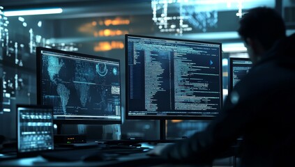 Hacker working late at night on multiple computer screens displaying code and world map.