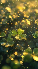 Green and golden clover leaves create a magical, background. Soft light filters through, illuminating the delicate textures and evoking a sense of luck and tranquility, background for st patrick's day