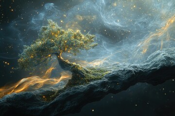 Obraz premium A luminous tree stands on a rocky outcrop, bathed in ethereal light and cosmic dust, creating a surreal and enchanting scene.