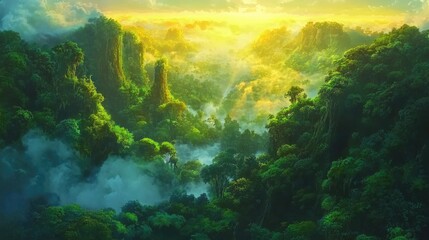 Fototapeta premium Lush Green Mountains Basking In Golden Sunrise Light