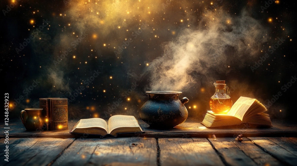 Aufkleber mystical potion brewing scene with books and cauldron