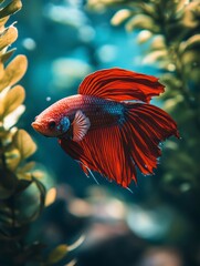 Vibrant Red Betta Fish Swimming Gracefully Among Lush Aquatic Plants in a Crystal Clear Underwater Scene