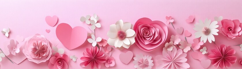 Fototapeta premium Pink Paper Flowers and Hearts Romantic Design