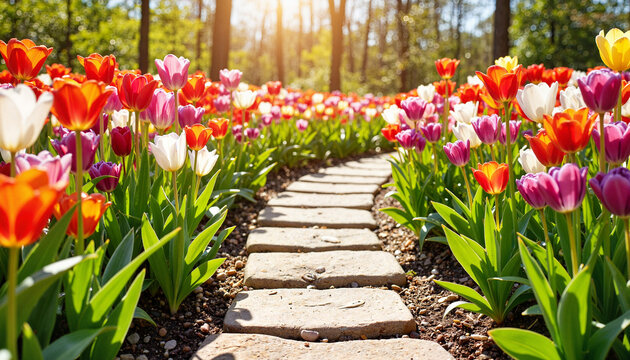 Colorful tulip garden path leading to sunlight, spring tranquility