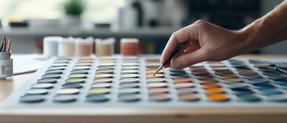 A hand selects a paintbrush over a palette of diverse colors, representing creativity, art, and the myriad choices of artistic expression.