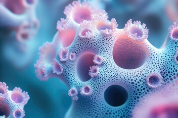 Intricate, porous structure resembling coral or a cellular network, vibrant pastel hues.
