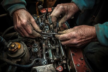 Close-up of gloved hands working on a car engine part.