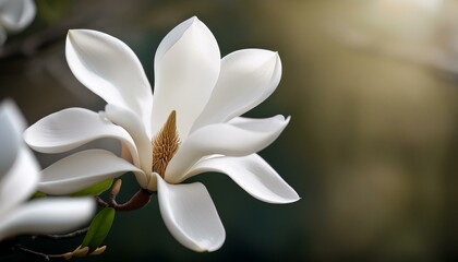 Fototapeta premium A close-up of a white magnolia flower in full bloom, with silky petals gently curving outward. The delicate texture and soft lighting highlight its natural beauty and elegance.