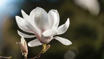 Fototapeta premium A close-up of a white magnolia flower in full bloom, with silky petals gently curving outward. The delicate texture and soft lighting highlight its natural beauty and elegance.