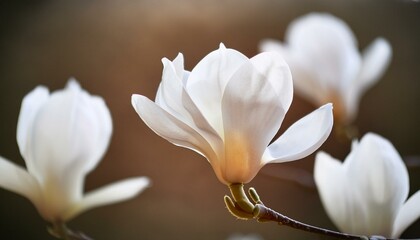 Fototapeta premium A close-up of a white magnolia flower in full bloom, with silky petals gently curving outward. The delicate texture and soft lighting highlight its natural beauty and elegance.