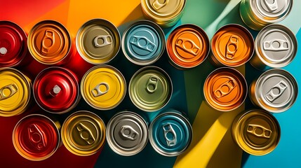 Fototapeta premium Overhead view of a large group of canned food shot isolated on a colorful background