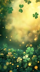 Naklejka premium Green and golden clover leaves create a magical, background. Soft light filters through, illuminating the delicate textures and evoking a sense of luck and tranquility, background for st patrick's day