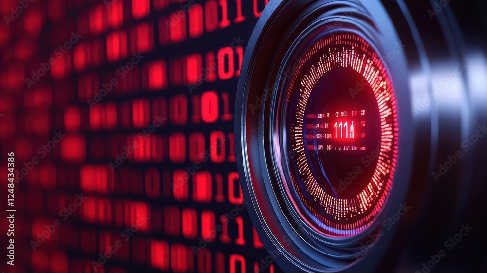 Poster futuristic camera lens with binary code background in red hues