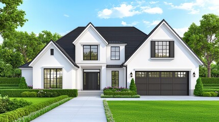 Fototapeta premium Modern suburban house with elegant design and landscaped garden
