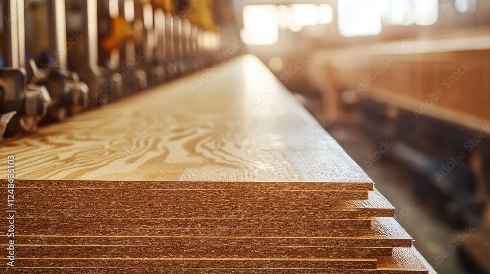 Poster stacked wood panels in a factory setting