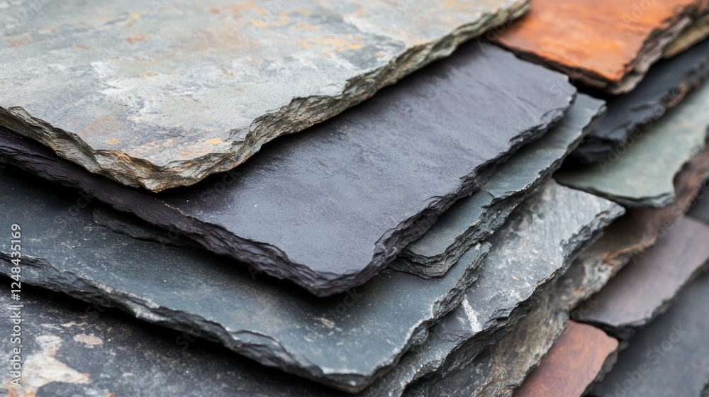Poster Stacked slate tiles showing various colors and textures