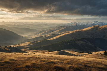 Fototapeta premium Scenic mountain hills landscape with rolling golden fields and layers of distant peaks. Perfect for travel, nature, and adventure themes