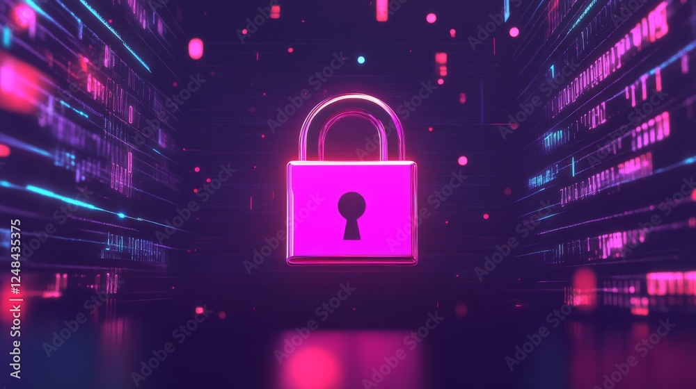 Poster a digital padlock on a computer screen, with binary code in the background, symbolizing online data 
