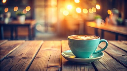 Obraz premium Aromatic Coffee in a Teal Cup on Rustic Wooden Table, Warm Cafe Ambiance