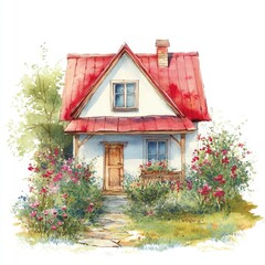 Cute house with red roof with flower bushes, summer in the village