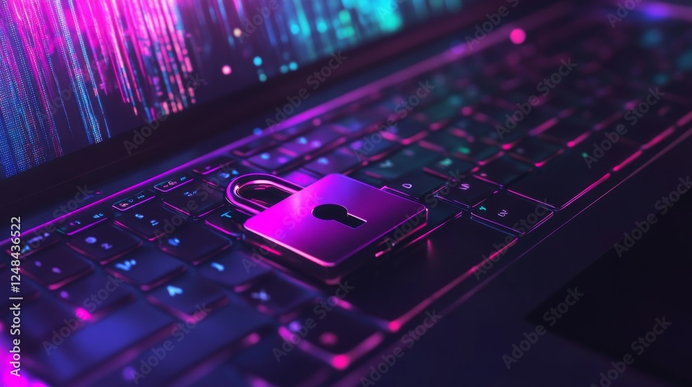 Fototapete A laptop with a physical padlock on the keyboard, representing the concept of computer data protection and privacy.