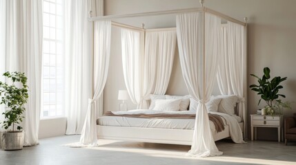 Fototapeta premium A large, elegant four-poster bed with flowing white curtains, set in a spacious room with soft, natural lighting.