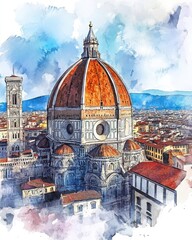 View of the main cathedral in Florence, watercolor style