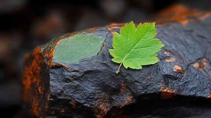 Green Leaf Resting on Dark Rock Surface