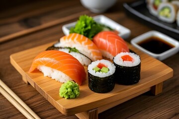 A traditional Japanese sushi platter with fresh sashimi, nigiri, and rolls, artfully arranged on a wooden board with wasabi and soy sauce