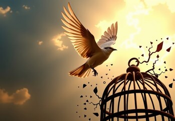 Fototapeta premium A white dove takes flight from a broken birdcage, symbolizing freedom and liberation.
