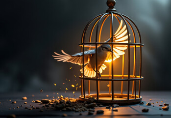 A white dove takes flight from a broken birdcage, symbolizing freedom and liberation.