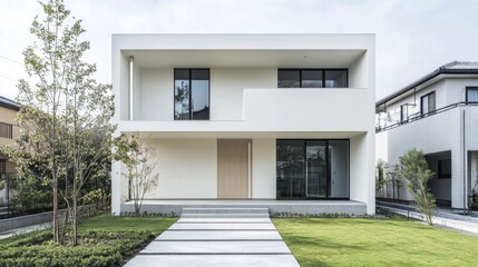 A minimalist exterior of a two-story house, with a clean geometric design, white walls, and a simple front yard with grass and plants.