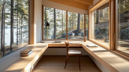 Fototapeta premium A minimalist home office nook with a wooden desk, comfortable chair, and plenty of natural light flowing through large windows.