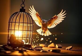 Fototapeta premium A white dove takes flight from a broken birdcage, symbolizing freedom and liberation.