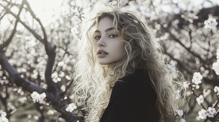 Young woman with curly blonde hair stands amidst blooming sakura trees, embodying serenity and natural beauty.