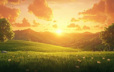 Obraz premium Golden sunset over rolling green hills, soft cinematic lighting, deep saturation