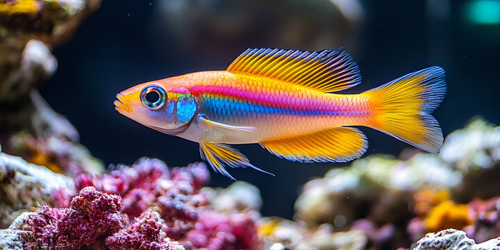 mesmerizing rainbowfish swimming gracefully in vibrant aquarium, showcasing its colorful fins and lively personality