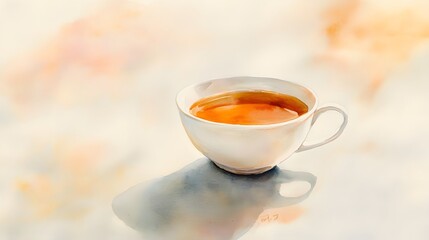 A white teacup filled with amber tea casts a shadow
