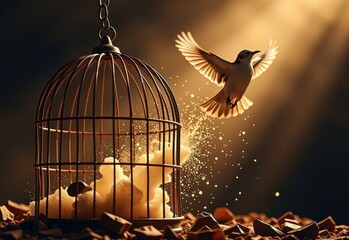 A white dove takes flight from a broken birdcage, symbolizing freedom and liberation.