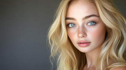 Naklejka premium Freckled Blonde Woman with Blue Eyes and Minimal Makeup in Soft Natural Lighting