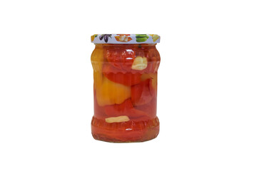 a jar with pepper on a white background, Marinated homemade pepper, canned pepper in a jar