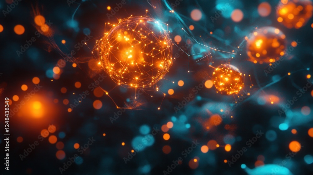 Poster Illuminated Network Spheres Floating In Dark Space